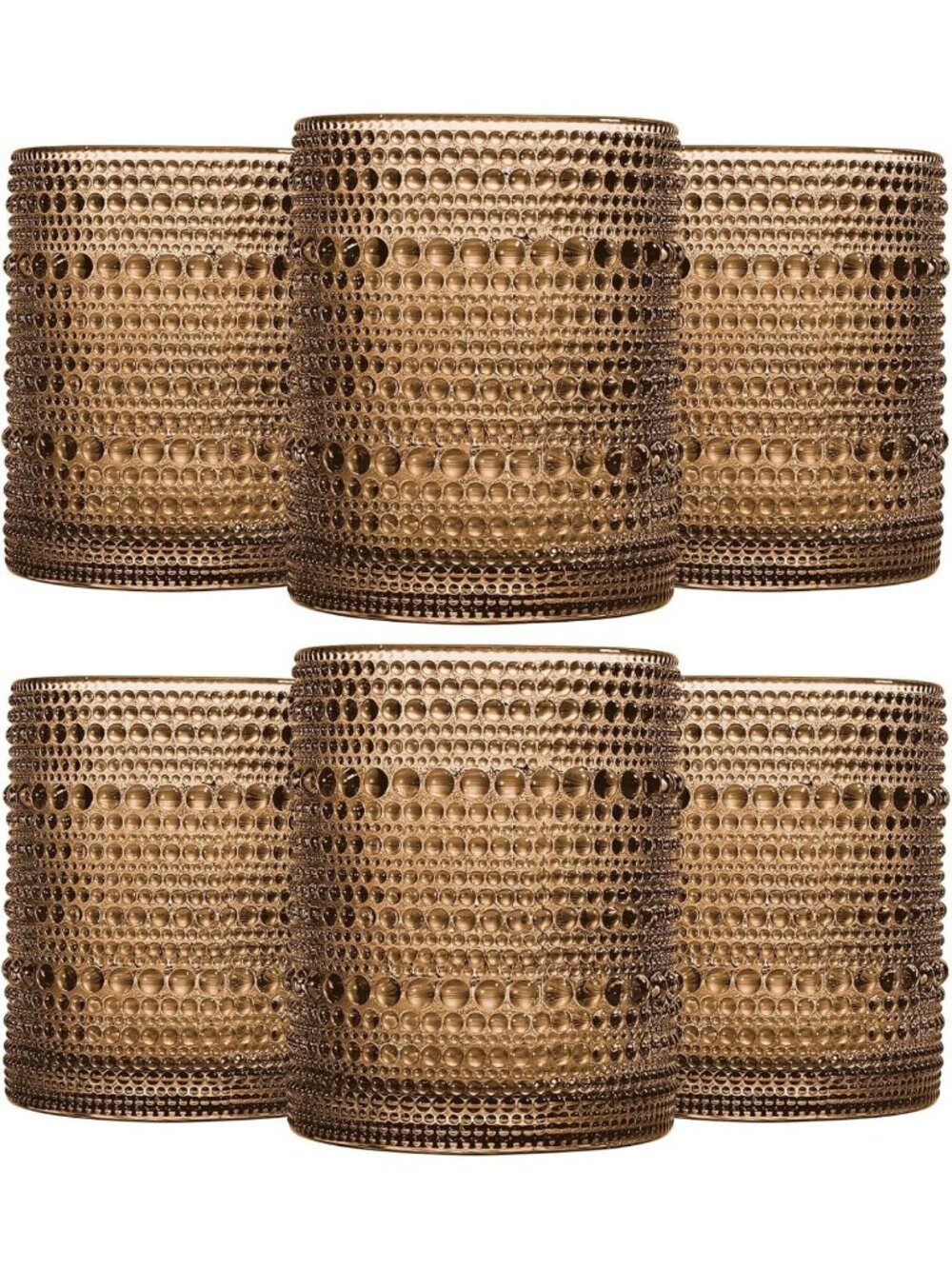 Vintage Brown Hobnail Drinking Glasses Set of 6 | 12oz Embossed Tumbler Cups for
